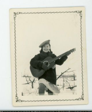 Smiling Girl Rural Setting Playing Guitar Musical Instrument Music Vintage Photo