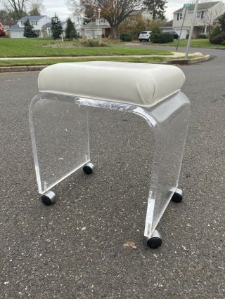 Vintage 1970s Waterfall Lucite Acrylic Vanity Stool Bench With Chrome Casters