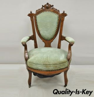Antique Eastlake Victorian Green Carved Walnut Parlor Arm Chair