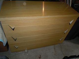 Mid - Century Light Color Harmony House Three Drawer Dresser Chest With Mirror.