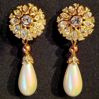 Christian Dior Vintage Gold Tone Faux Pearl Drop & Crystal Dangle Earrings