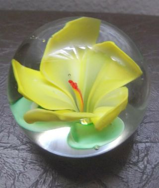 Vintage Hand Blown Glass Paperweight With Yeilow Flower
