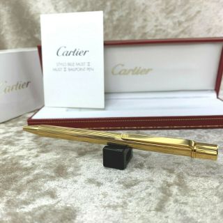 Vintage Authentic Must De Cartier Ballpoint Pen 18k Gold Plated Godron W/ Case