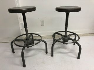 Vintage Industrial Stool Pair Desk Chair Drafting Swivel Bar Adjustable Gray Set