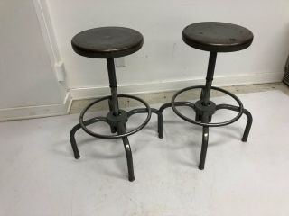 Vintage INDUSTRIAL STOOL PAIR desk chair drafting swivel bar adjustable gray set 2