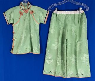 Vintage 1930s Childs Chinese Celadon Jade Green Silk Cheongsam Top Palazzo Pants