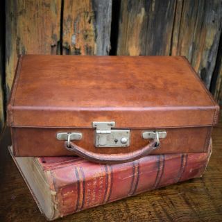 Antique Small Brown Leather Travel Suitcase Document Attache Case