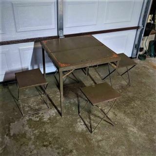 Vintage Industrial Metal Folding Portable Chairs And Table