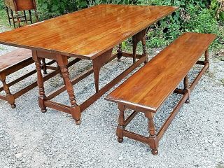 Cherry Double Drop Leaf Colonial Dining Table & 2 Large Benches By Pennsylvania
