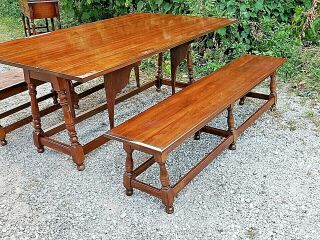 Cherry double drop leaf colonial dining table & 2 large benches by Pennsylvania 2