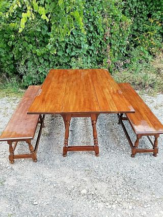 Cherry double drop leaf colonial dining table & 2 large benches by Pennsylvania 3