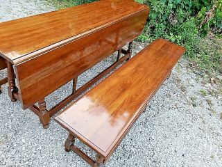 Cherry double drop leaf colonial dining table & 2 large benches by Pennsylvania 5