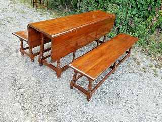 Cherry double drop leaf colonial dining table & 2 large benches by Pennsylvania 6