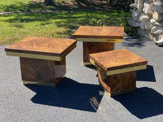 Set Of Three Faux Burl Wood Mid Century Modern Brass Tables