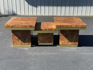 Set Of Three Faux Burl Wood Mid Century Modern Brass Tables 3