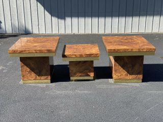 Set Of Three Faux Burl Wood Mid Century Modern Brass Tables 4
