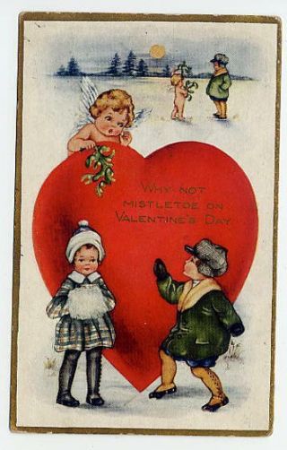 Postcard Valentine Vintage Whitney - Girl And Boy In Winter - Cupid - Mistletoe