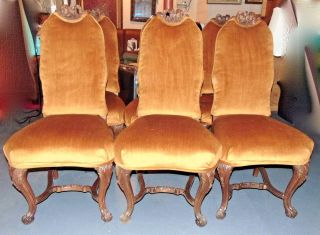 Set Of 6 Antique Queen Anne Carved Wood & Velvet Seat Victorian Dining Chairs