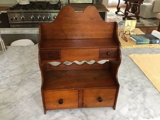 Antique Early American Carved Cherry & Walnut 4 Drawer Hanging Wall Cabinet