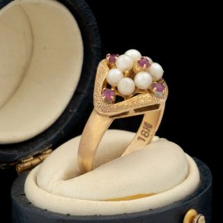 Antique Vintage Deco 18k Yellow Gold Red Ruby Lustrous Seed Pearl Band Ring Sz 6