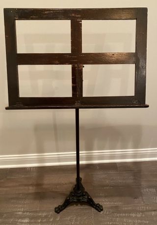 Antique Oak Wood Music Stand Cast Iron Foot Base Early 1900’s Adjustable Height