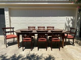 Antique English Regency Dining Table W/ Leaves & 8 Upholstered Chairs