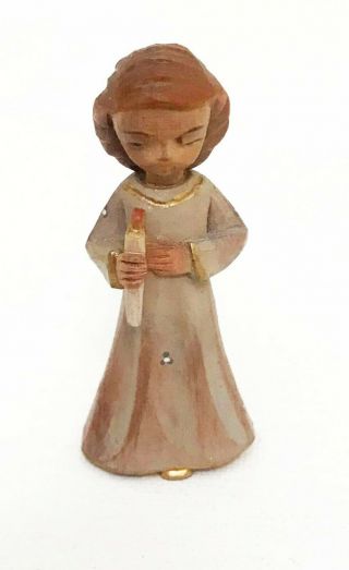 Vintage Anri Hand Carved Wood Girl Angel Cherub 2.  25 " Gold Trim Candle Ec Rare