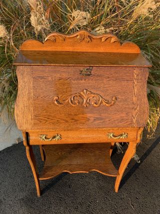Antique Arts&crafts Mission Style Tiger Oak Slant Drop Front Secretary Desk Wkey