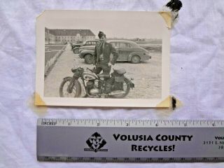 Vintage Black & White Photo Handsome Soldier Standing Next To Indian Motorcycle