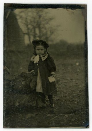 Antique Tintype Photo Cute Girl Outdoors Holding Book Children Outside Unusual