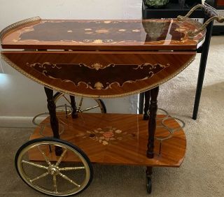 Vintage Italian Inlaid Marquetry Wood Serving Bar Tea Cart Drop Leaf