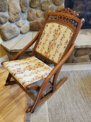 Vintage Victorian Wood Floral Rocking Chair Tapestry Needlepoint Folding