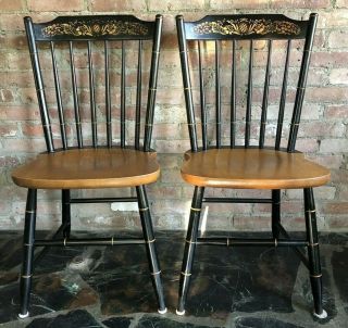 L.  Hitchcock 2 Signed Circa 1980 Stenciled Black Spindle Back Side Chairs 2