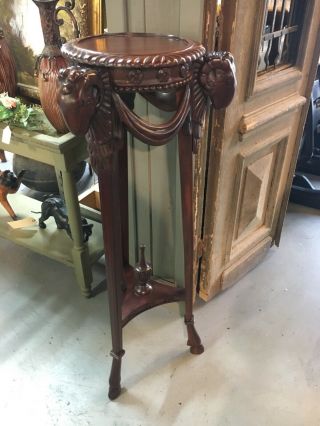Antique Style Carved Mahogany Plant Stand W/ Rams Head & Hooved Feet Goat