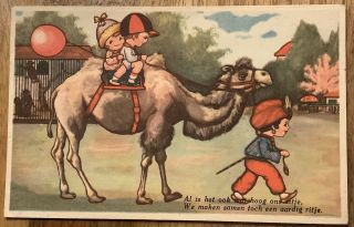 Vintage Postcard From Netherlands Children Riding On Camel Pink Balloon