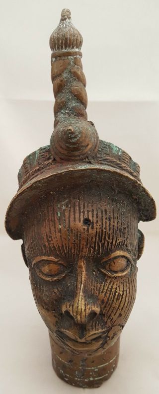 Vintage African Cast Benin Bronze Sculpture Head Of Oba King,  Nigeria