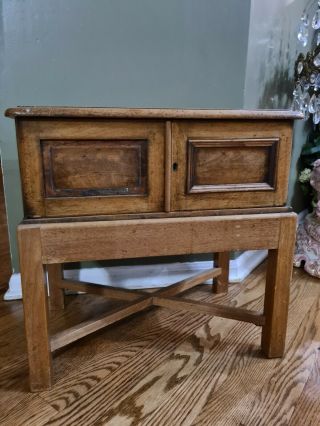 Antique Silverware Chest Oak And Brass English With 3 Drawers And Stand