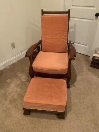 Antique Morris Chair Carved Oak Recliner With Ottoman -