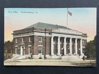 Post Office,  Fredericksburg Va Vintage Hand Colored Postcard