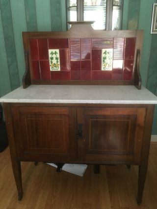 Vintage Dry Sink,  Cherry Finish,  Marble Top,  Tile Backsplash