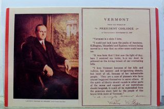 President Calvin Coolidge Portrait Vermont Vt Postcard Old Vintage Card View Pc