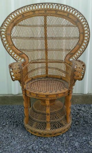 Large Vintage Boho Wicker Bamboo Rattan Peacock Fan - Back Chair