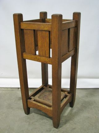Antique Arts & Crafts / Mission Oak Umbrella Stand; Copper Tray; C 1910