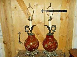 2 Vintage Hollywood Regency Amber Glass & Brass Lamps - Teapot
