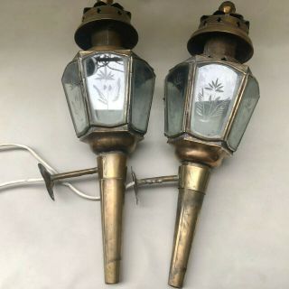 Antique Victorian Brass Carriage Lantern Lamps With Etched Glass