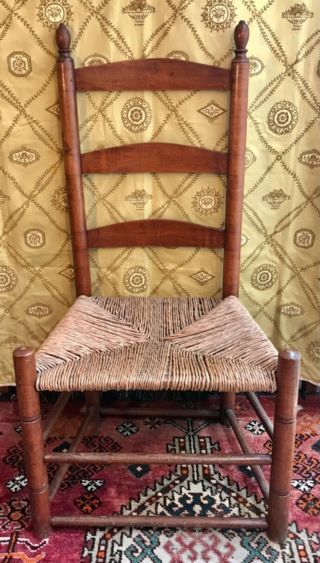 Early 19th Century England Shaker Style Ladderback Side Chair With Rush Seat