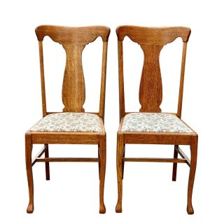 Antique Farmhouse Quartersawn Oak T Back Dining Chairs - A Pair