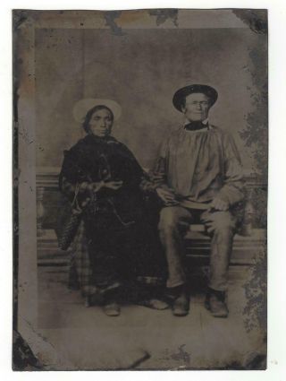 Large Tintype Of An Indian Woman And Her Husband A White Man Note Moccasins - Bag,