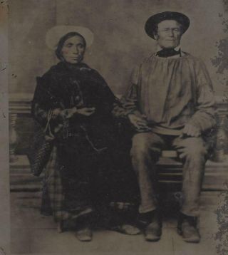 Large Tintype of an Indian woman and her husband a white man Note moccasins - bag, 2