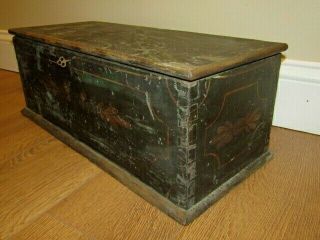 Early Antique Miniature Blanket Chest Trunk W/ Key Paint Dovetail Box